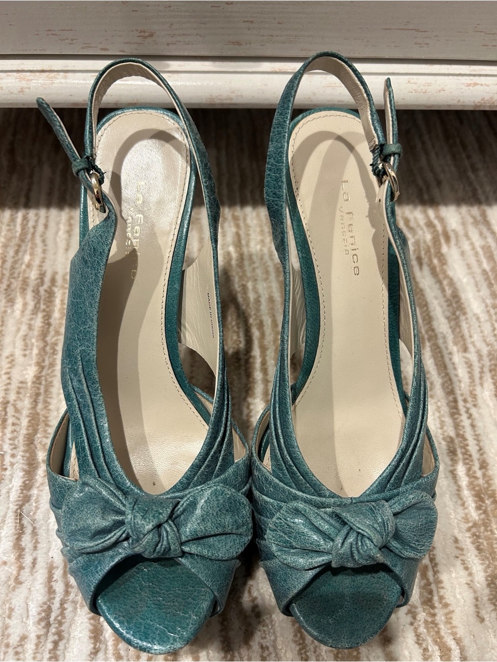 Vintage La Fenice Venezia Teal Leather Bow Platform Slingback Heels
